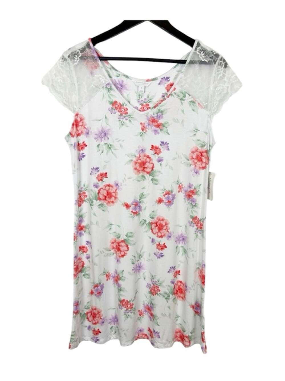 Charter Club White Floral Sleep Top with Coral & Lavender Blooms Size Medium